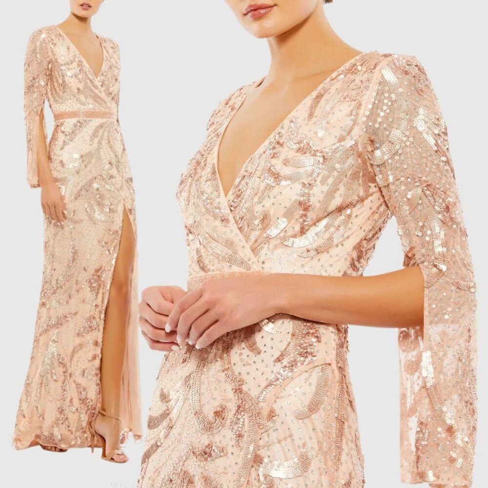 Mac Duggal 5222 Size 14 Rose Gold Pink V-Neck Sequin Beaded Maxi Long Gown Dress